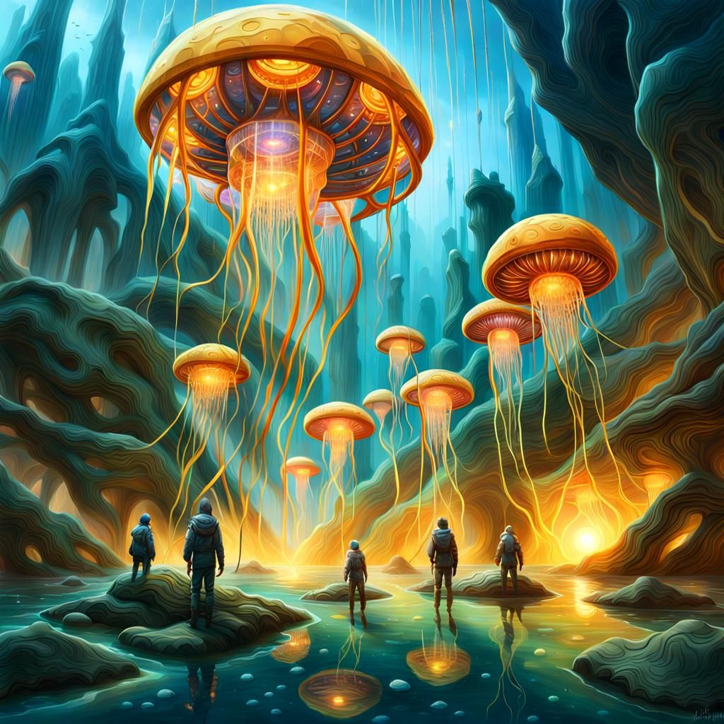 Futuristic Jellyfish in Solarpunk City, Digital Art