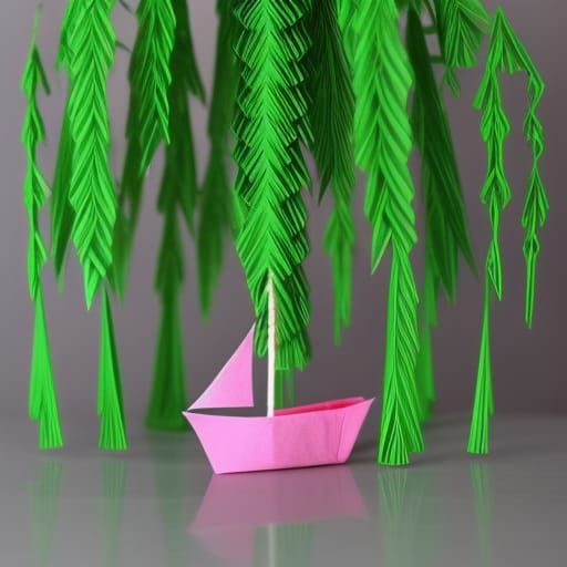 Origami Weeping Willow Tree with Pink Sailboat