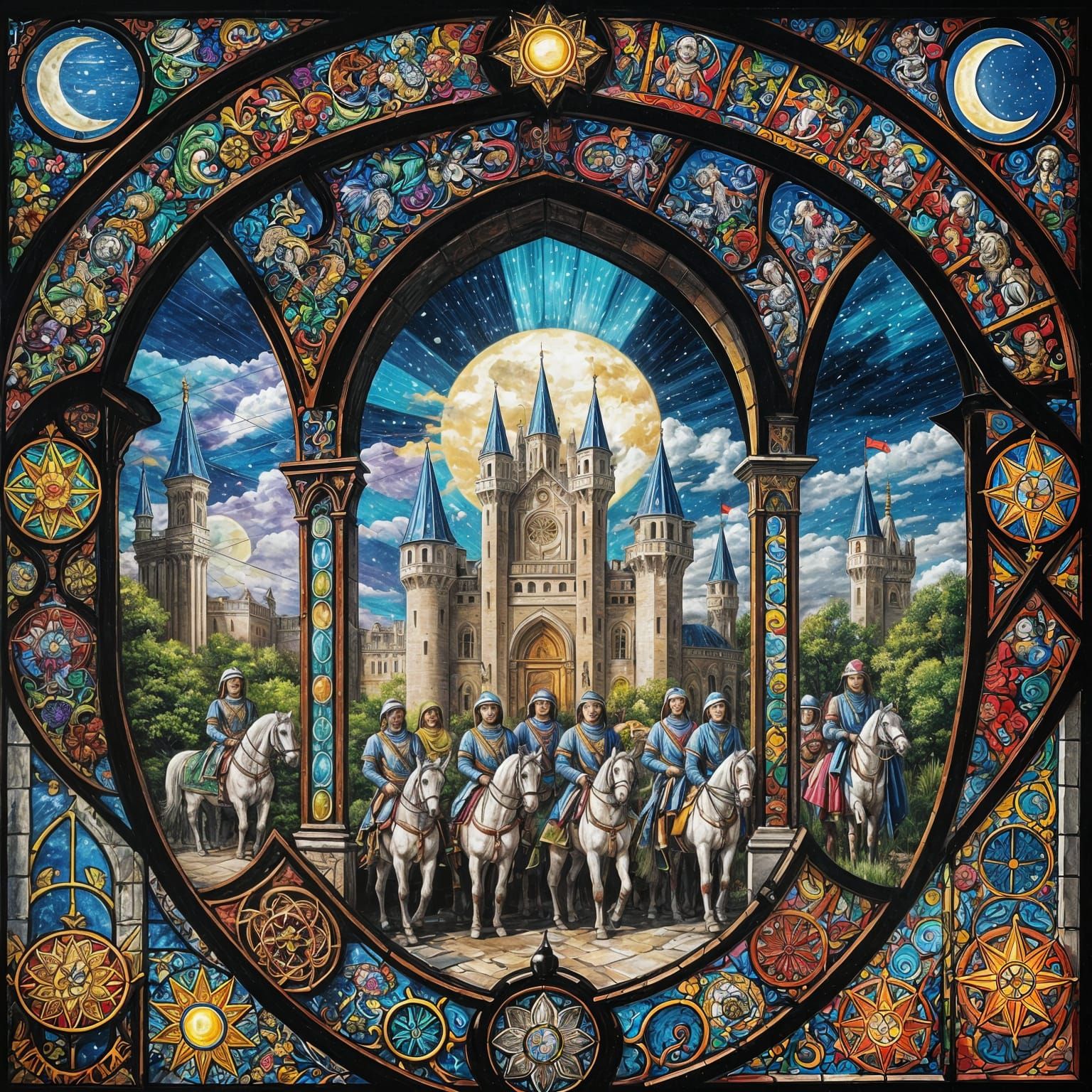 Gothic Stained Glass Knights in Castle Scene