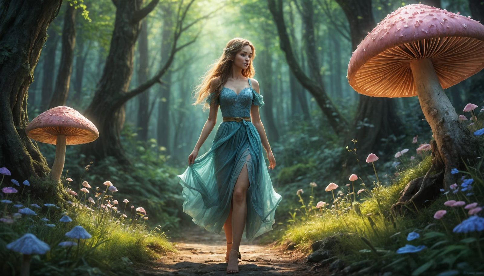 Enchanting Fantasy Forest Scene with Dancing Girl
