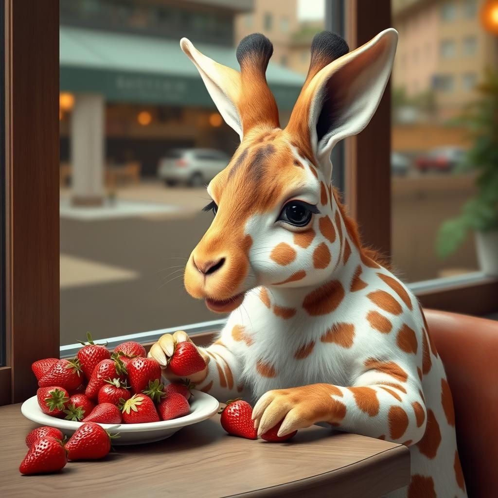 Giraffe-Bunny Hybrid in Cafe Eating Strawberries