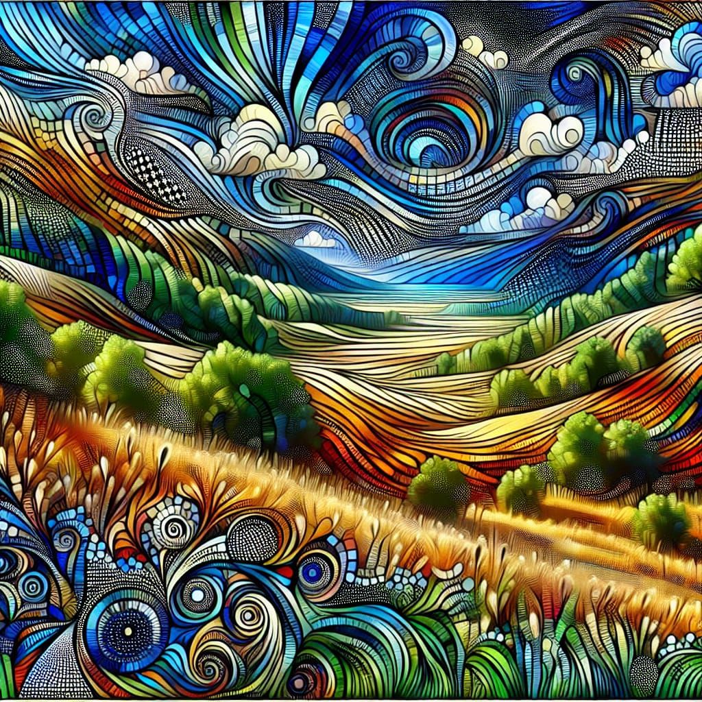 Vibrant Gingham Wilderness in Pointillist Style