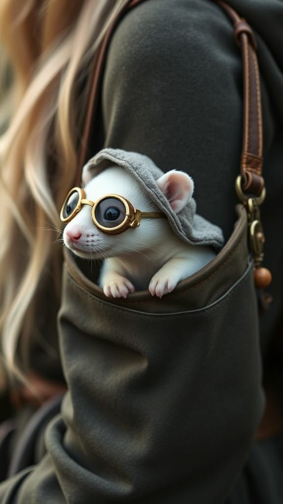 Albino Ferret with Witch in Magical Pouch