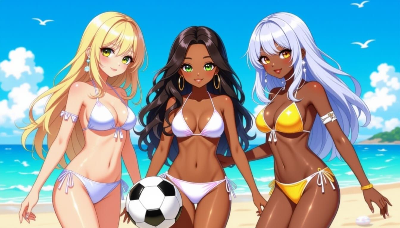 Anime-Style Beach Scene with Three Friends