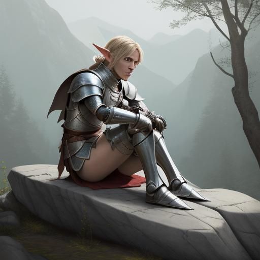 Wounded Elf Knight Resting on Boulder