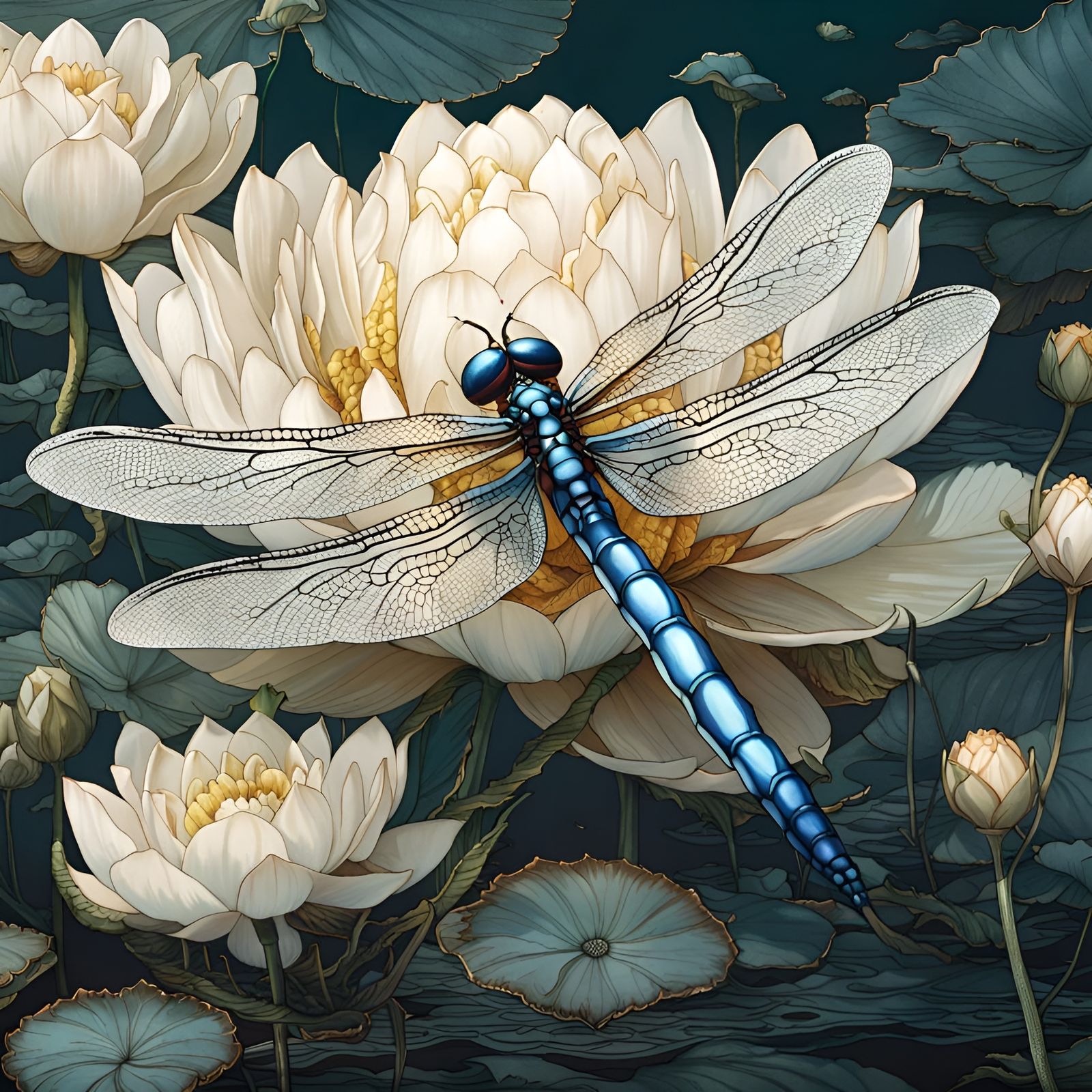 Dragonfly and White Lotus in Rococo Manga Style
