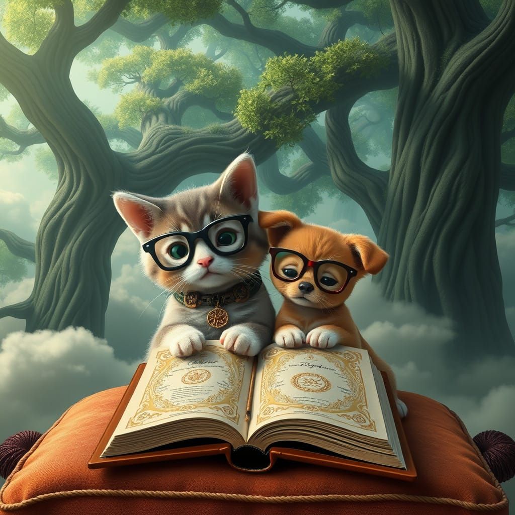 Whimsical Feline Duo in Enchanted Reading Nook
