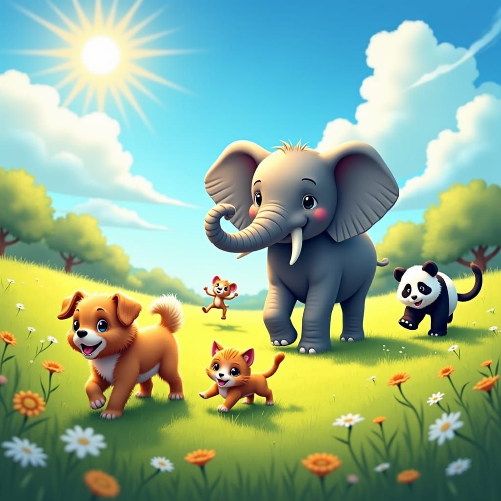 Animals Playing in a Sunny Meadow