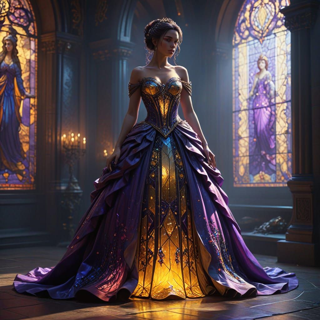 Dark Fantasy Ballgown Art in Tiffany Glass Style