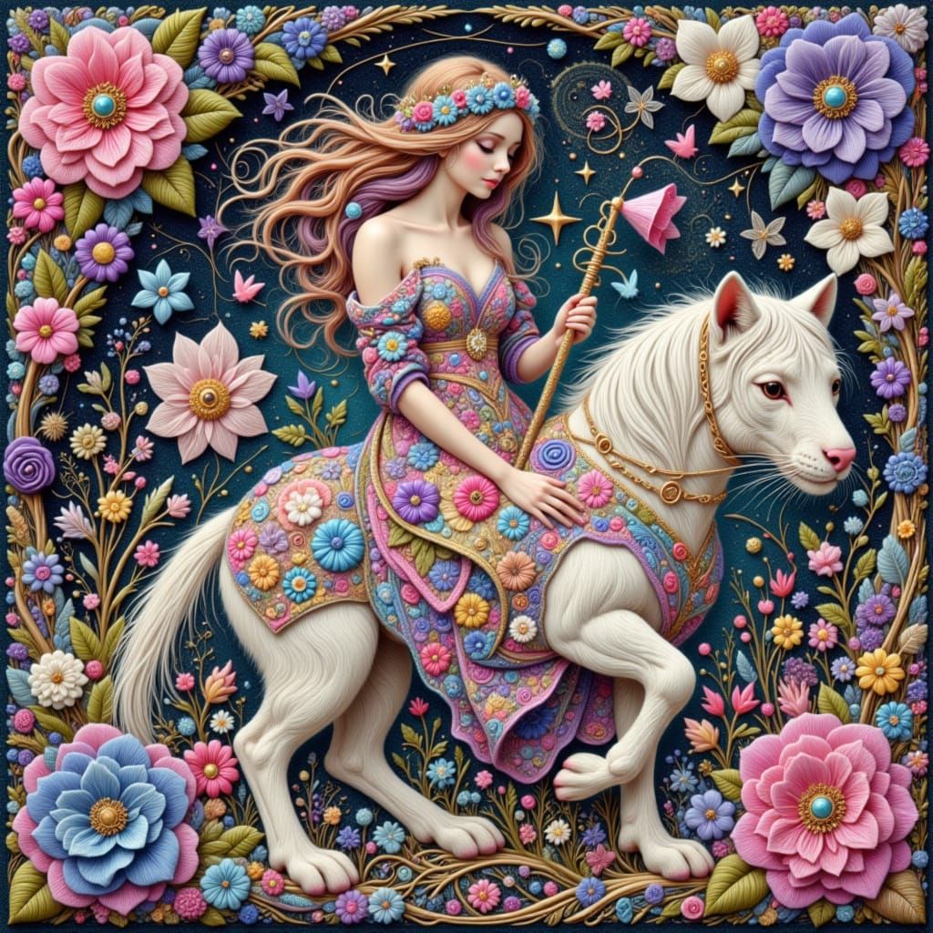 Pastel Goth Woman Rides Fluffy Kitten with Occult Embroidery