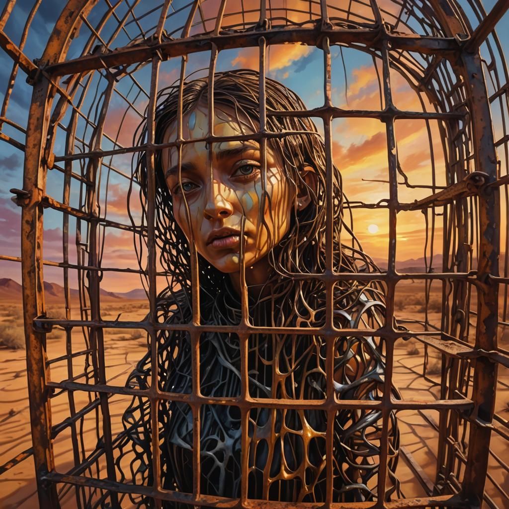 Surreal Dreamscape: Figure Trapped in Rusty Cage