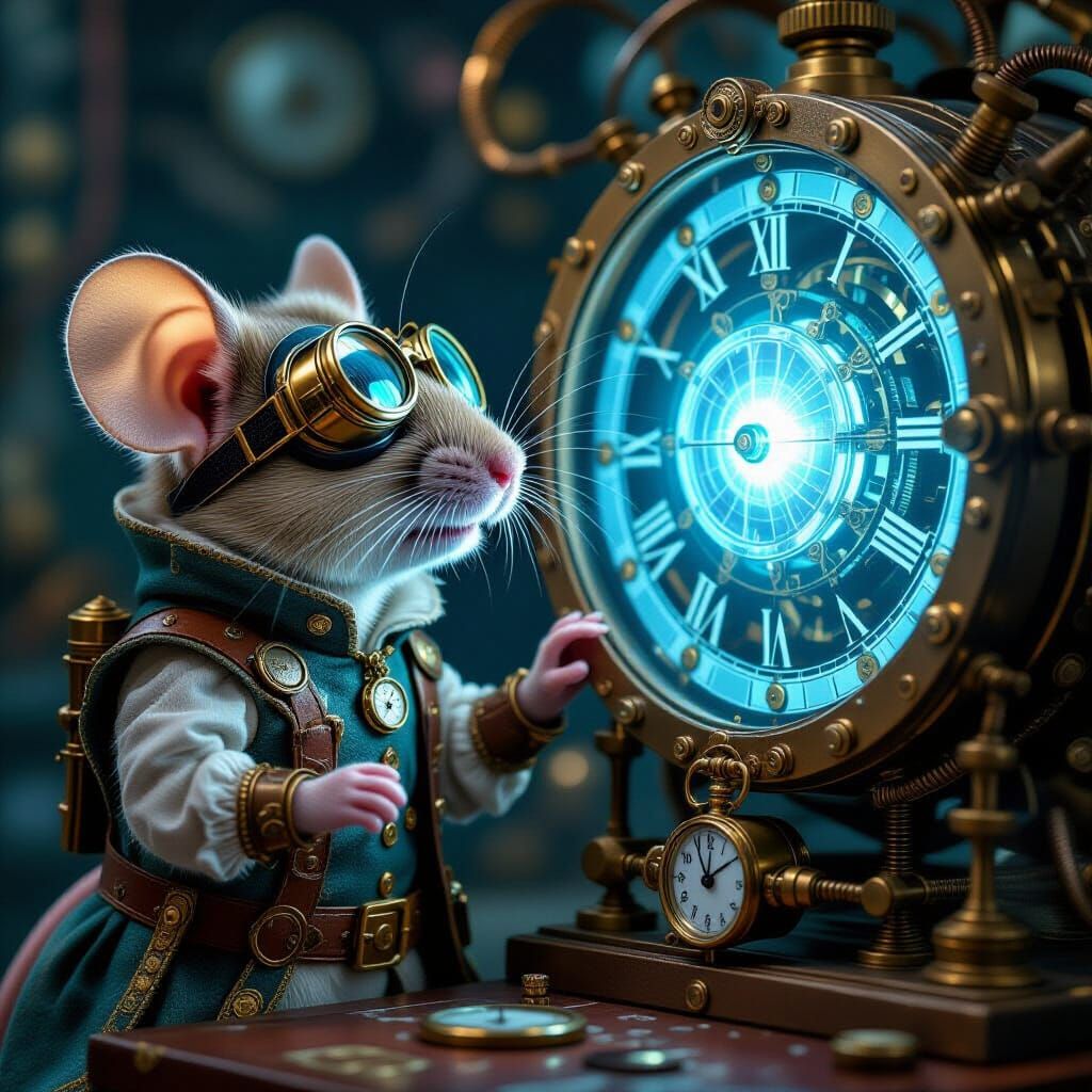 Steampunk Mouse and Time Machine with Blue Glow