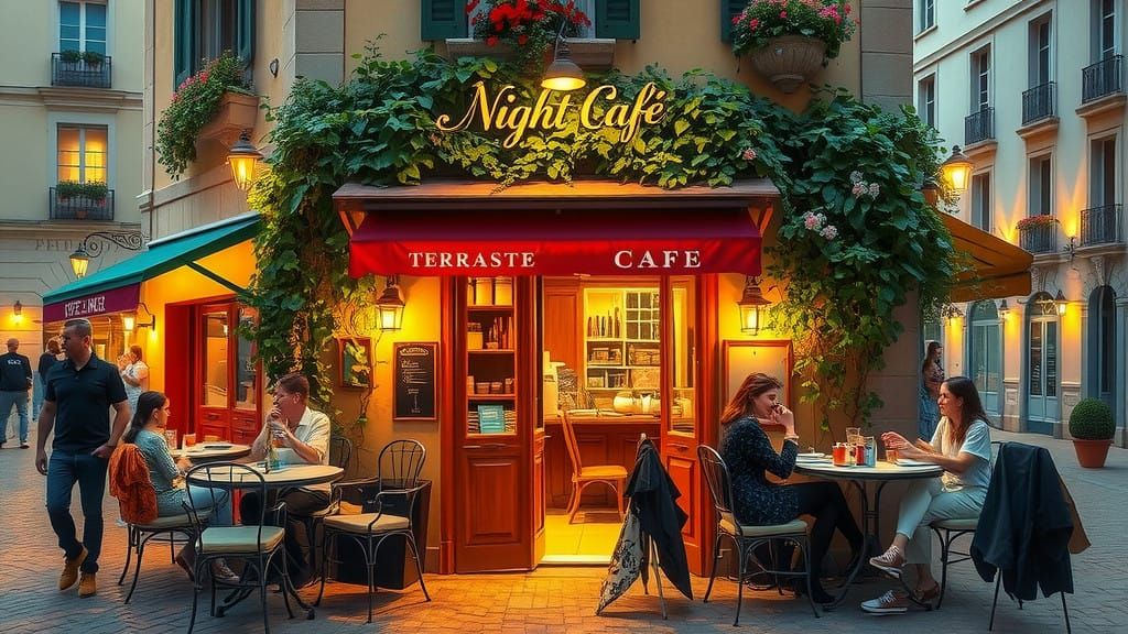 Charming French Plaza Night Café Scene in Impressionist Styl...