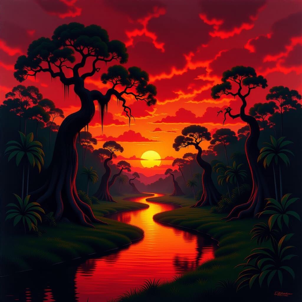Mysterious Amazon Sunset Over Gnarled Trees