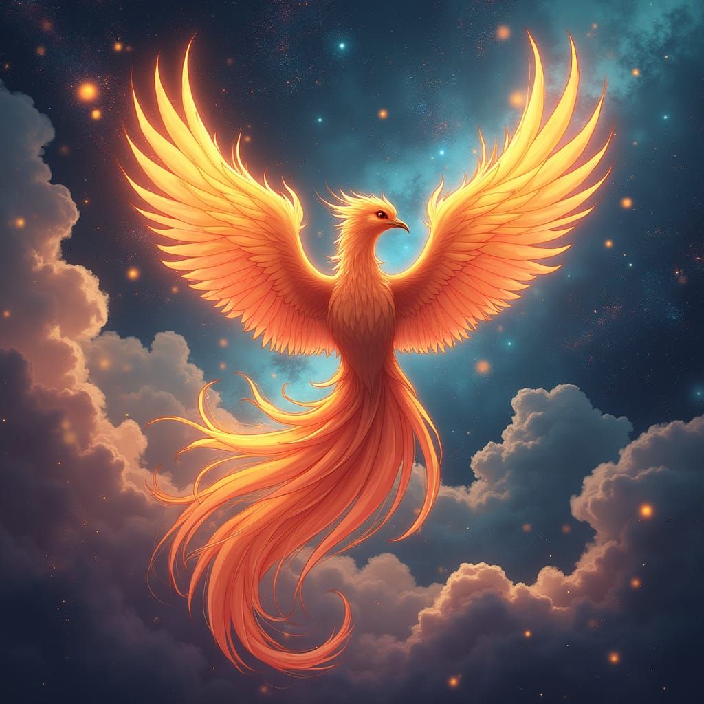 Anime Phoenix in Vibrant Cosmic Ballet