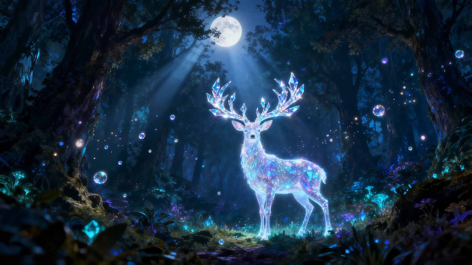 Glowing Stag in Enchanted Bioluminescent Forest