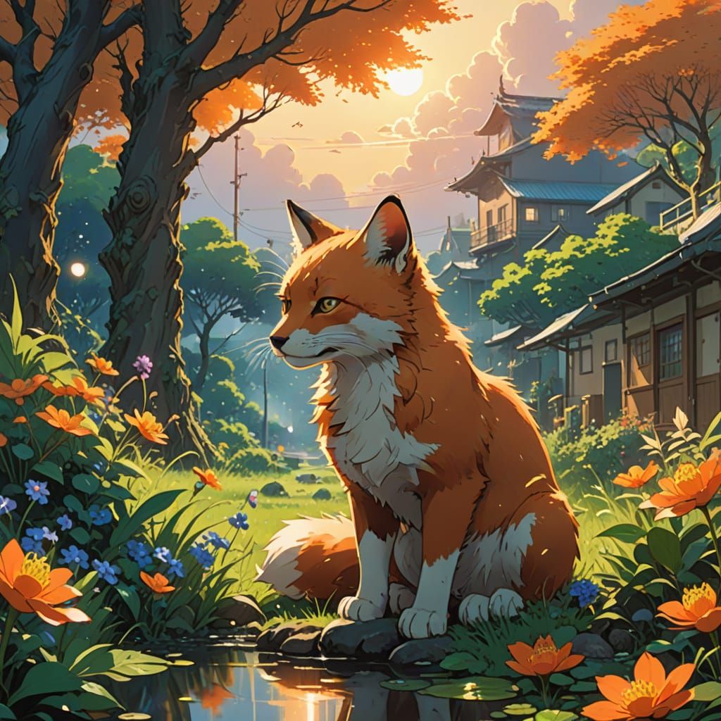 Surreal Oriental Garden Scene with Magical Flying Orbs and H...