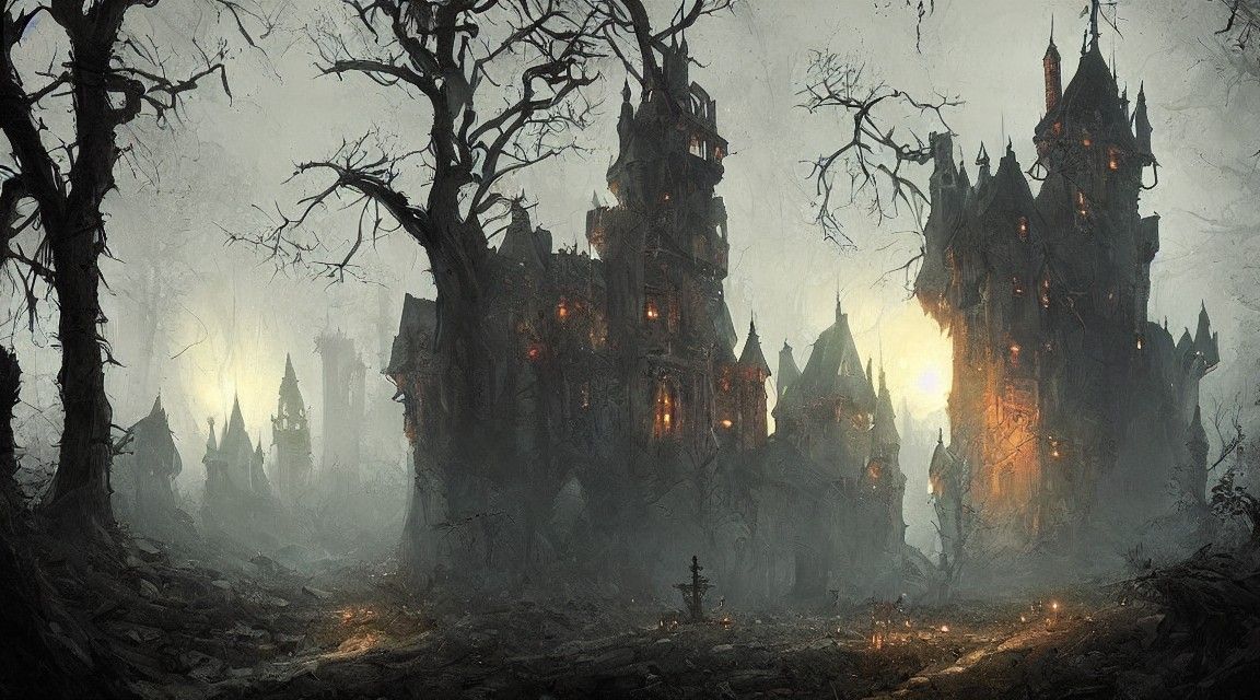 Sinister Castle in Forest at Night, Fantasy Art