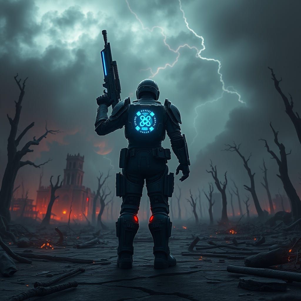 Cybernetic Warrior in Post-Apocalyptic Ruins