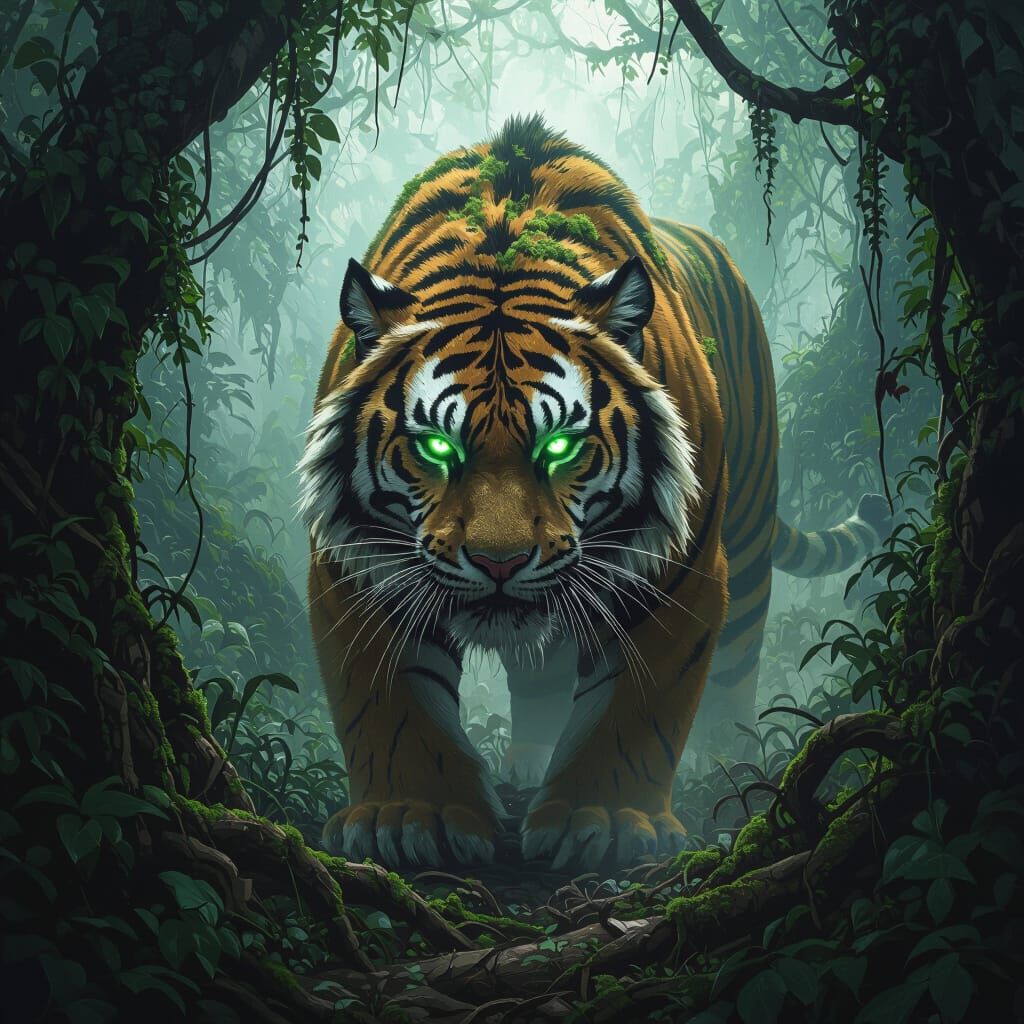 Moss-Furred Tiger Prowls Jungle in Painterly Realism
