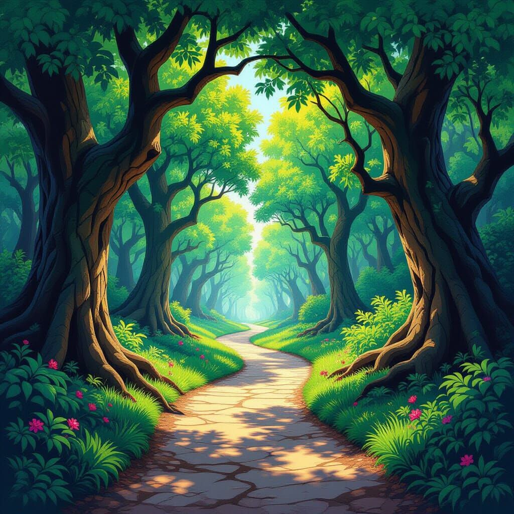 Enchanted Forest Path in Gouache Portrait Style