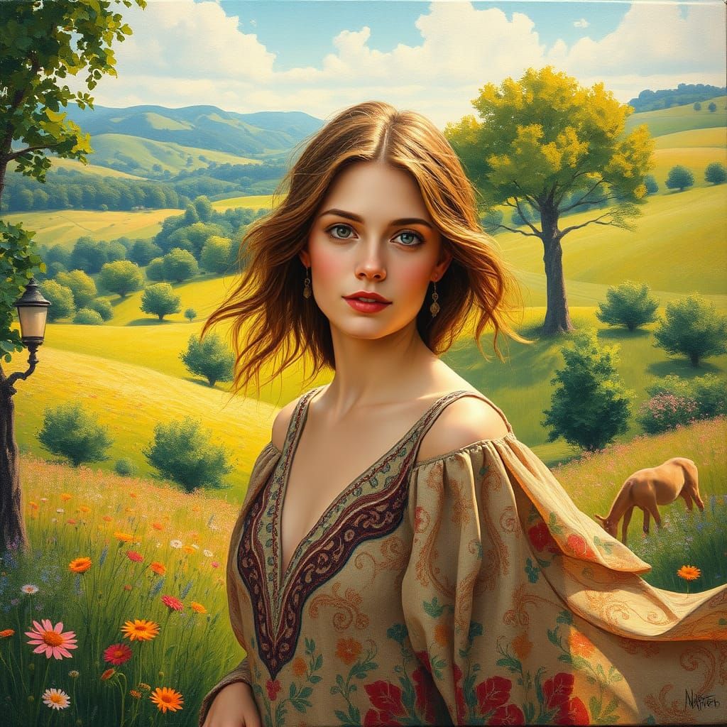 Serene Woman in Pastoral Landscape as Impressionist Oil Pain...