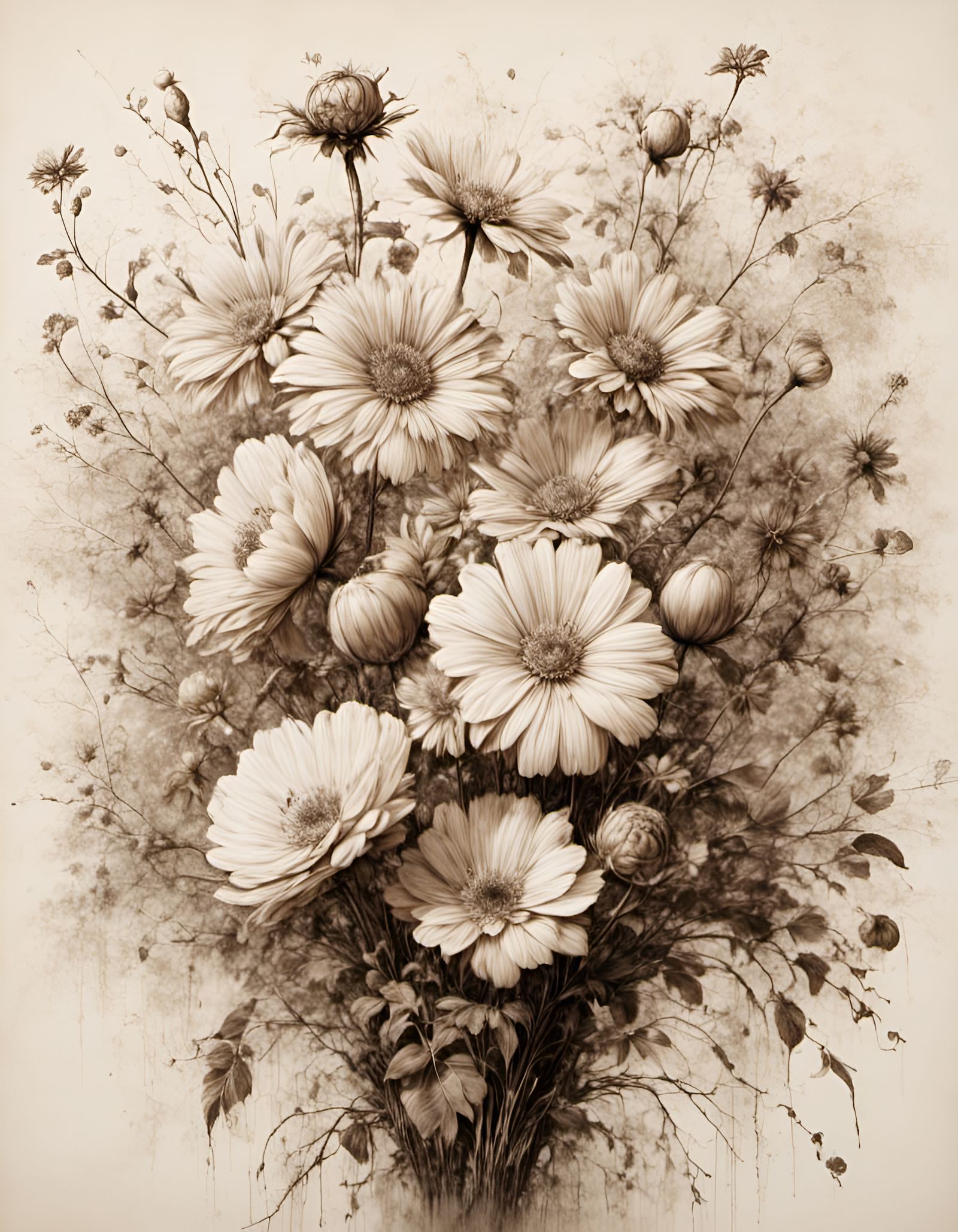 Antique Floral Drawing with Graffiti Splatter Effects
