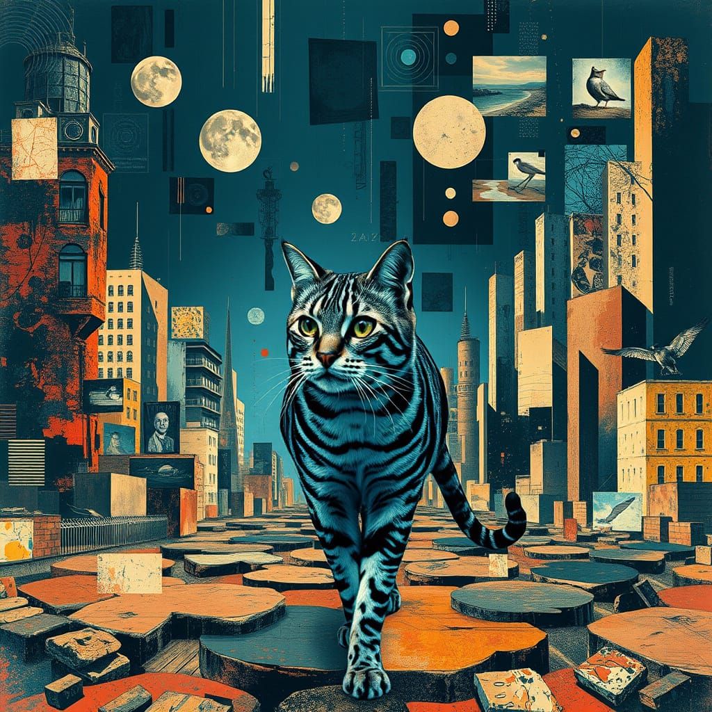 Dreamlike Cityscape with Striped Cat in Bichromatic Hues