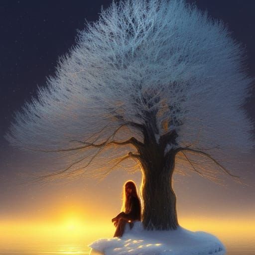 Snowy Tree and Moonlit Lake: Fantasy Art