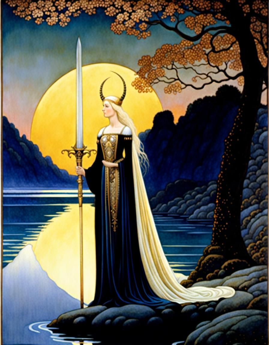 Blond Woman with Stag Antlers on Lake Shore