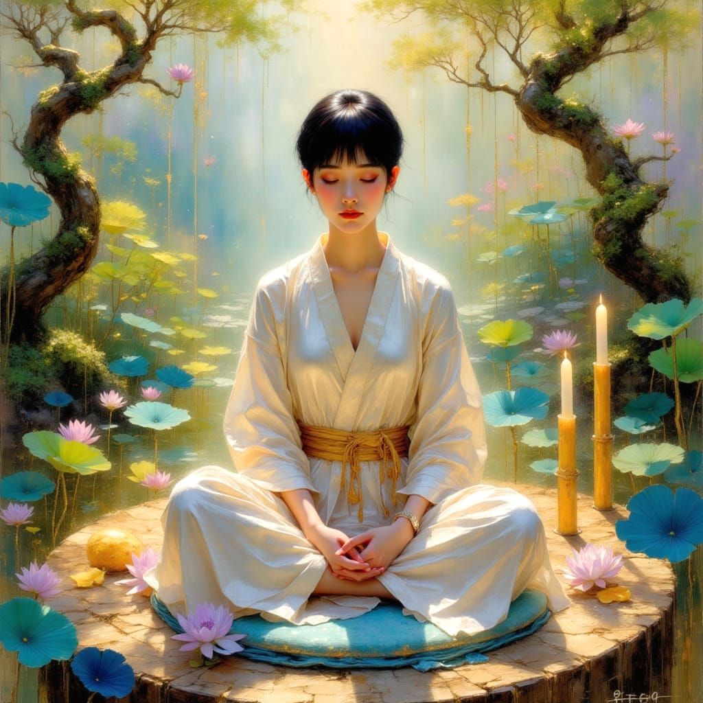 Japanese Model in Lotus Pond: Hyperdetailed Oil Painting