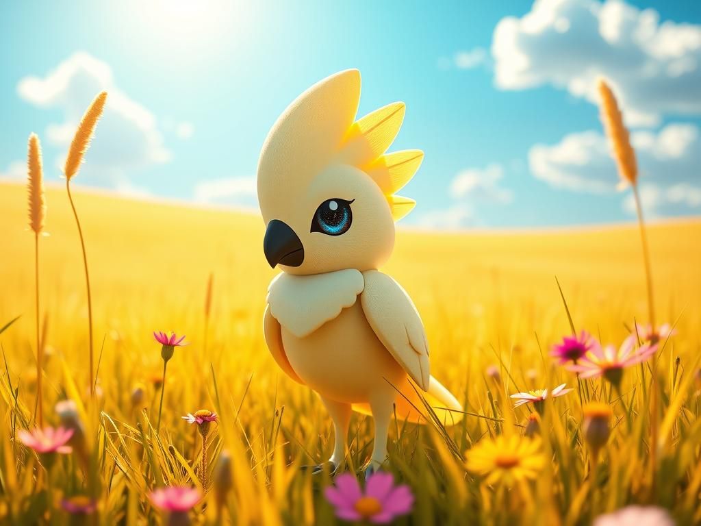 Cockatoo Pokémon in Prairie: Cell-Shaded 3D Render