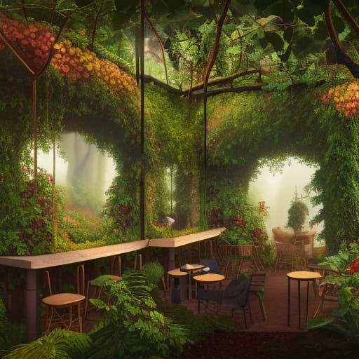 Jungle Coffee Shop: Hyperdetailed Matte Painting