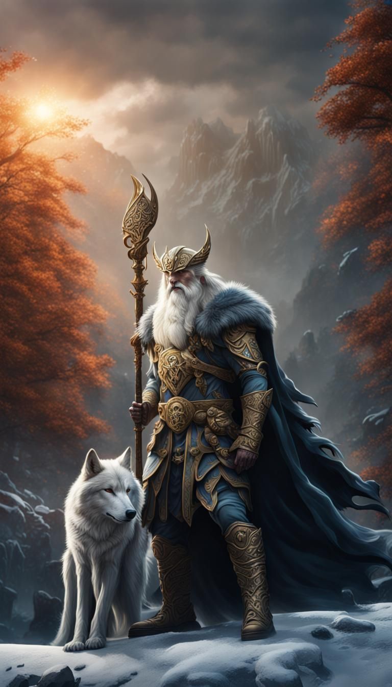 Odin with Wolf: Detailed Fantasy Concept Art