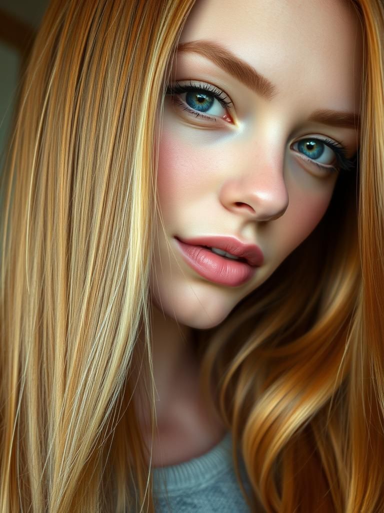 a pretty girl with long straight shiny strawberry blonde hair