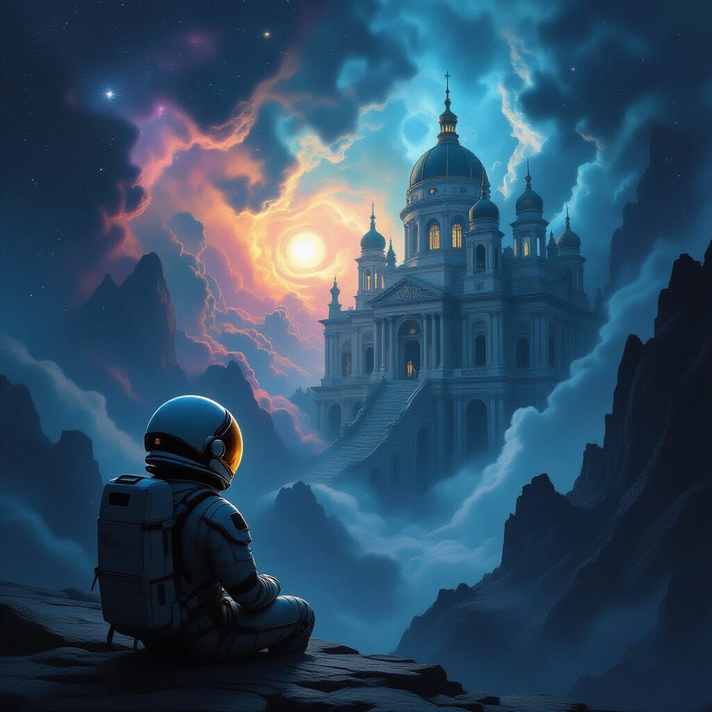 Astronaut Admires Nebula Palace in Dark Fantasy Art