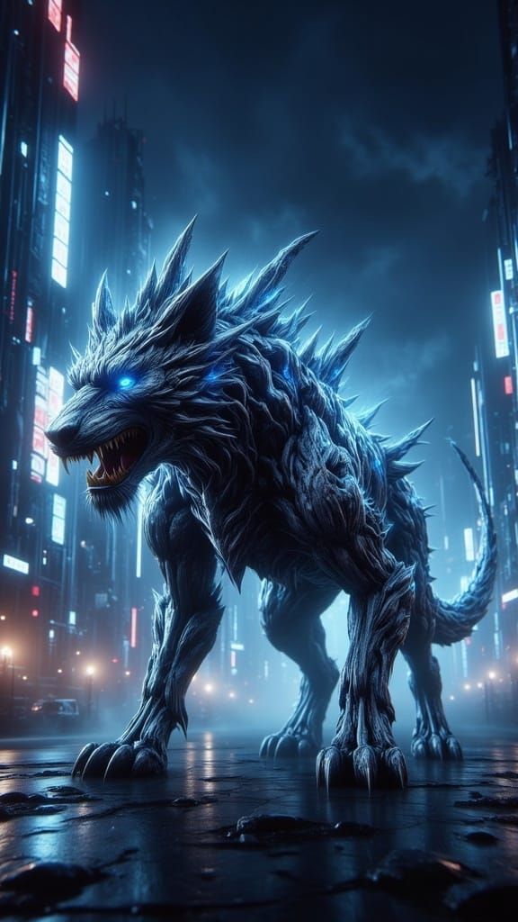 Hybrid Shark-Lion in Futuristic Cityscape