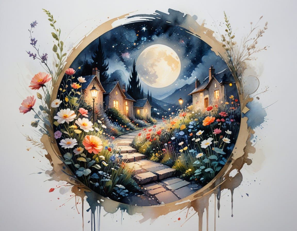 Moonlit Garden Path with Oversized Flowers