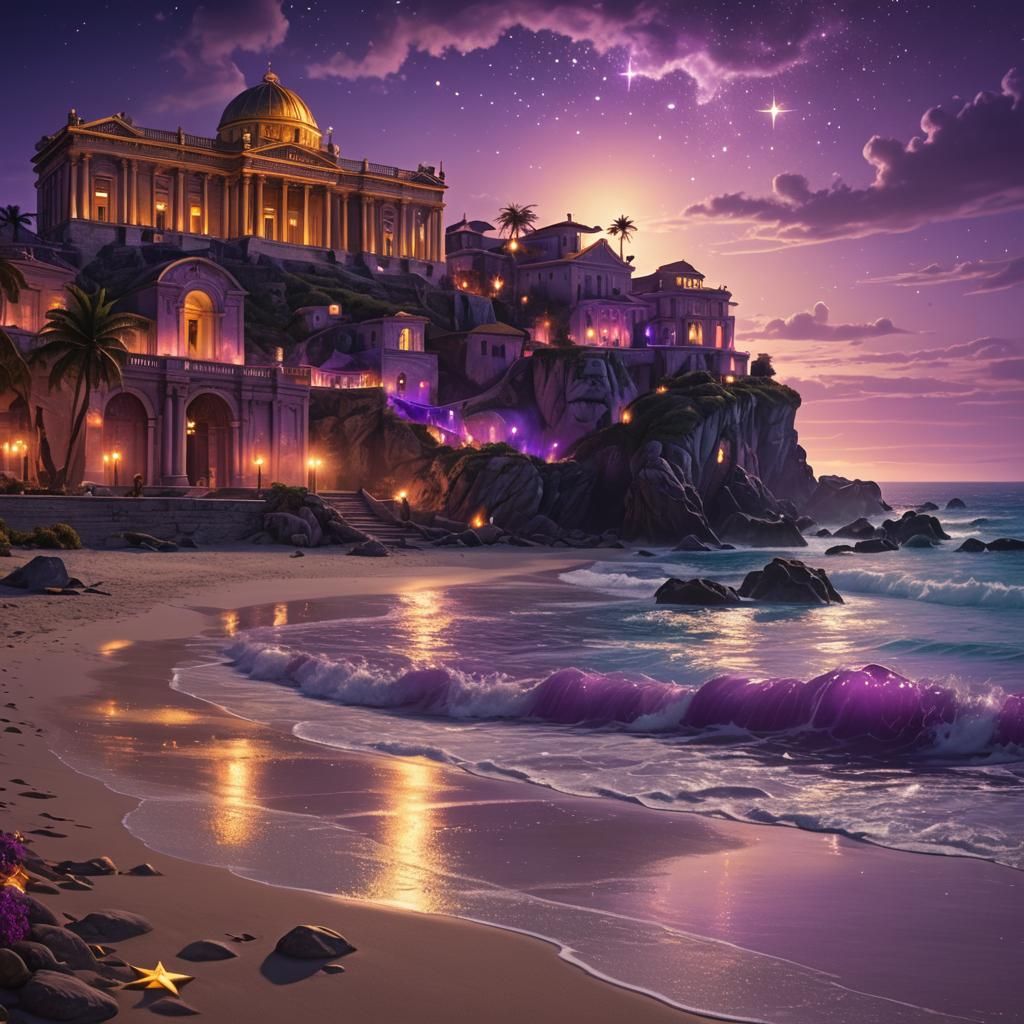 Enchanted Beach Sunset with Roman Architecture