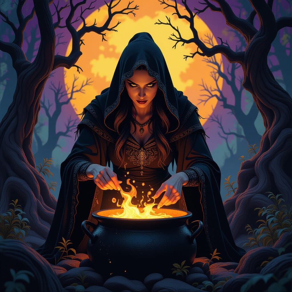 Sinister Witch Brews Potion in Dark Fantasy Style