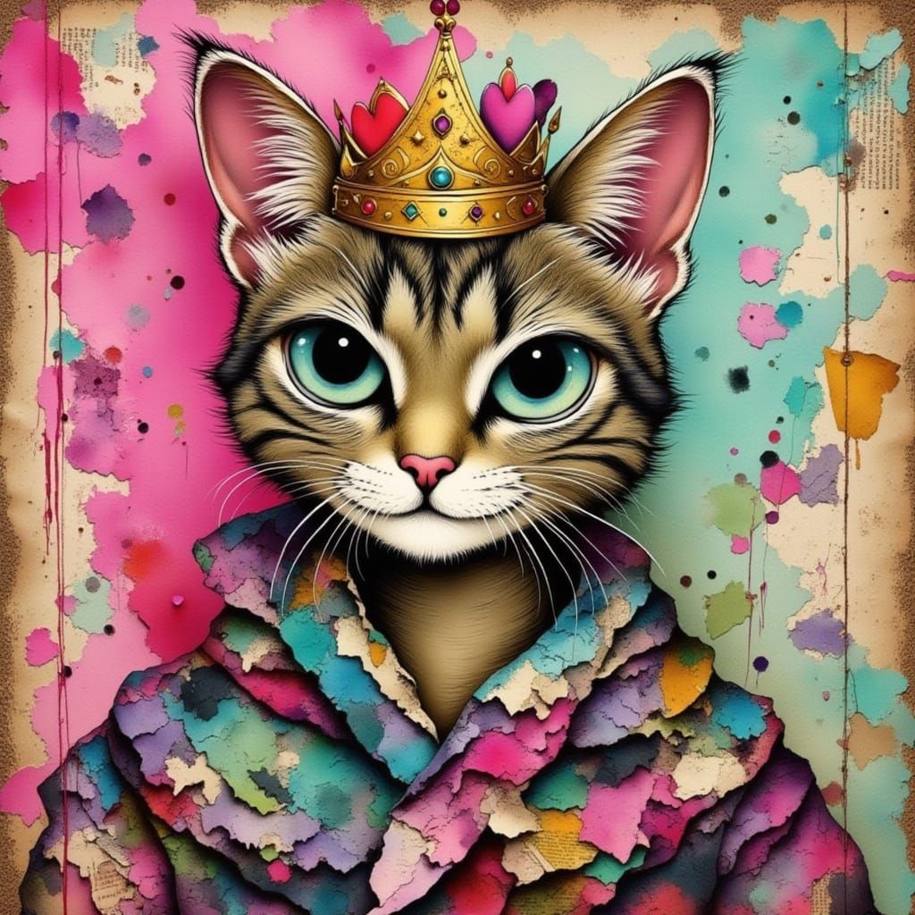 Tabby Cat with Aqua Eyes in Golden Crown on Graffiti Wall