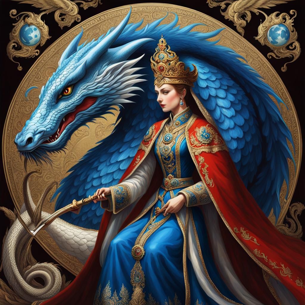 Empress with Dragon Protector Under Moonlight