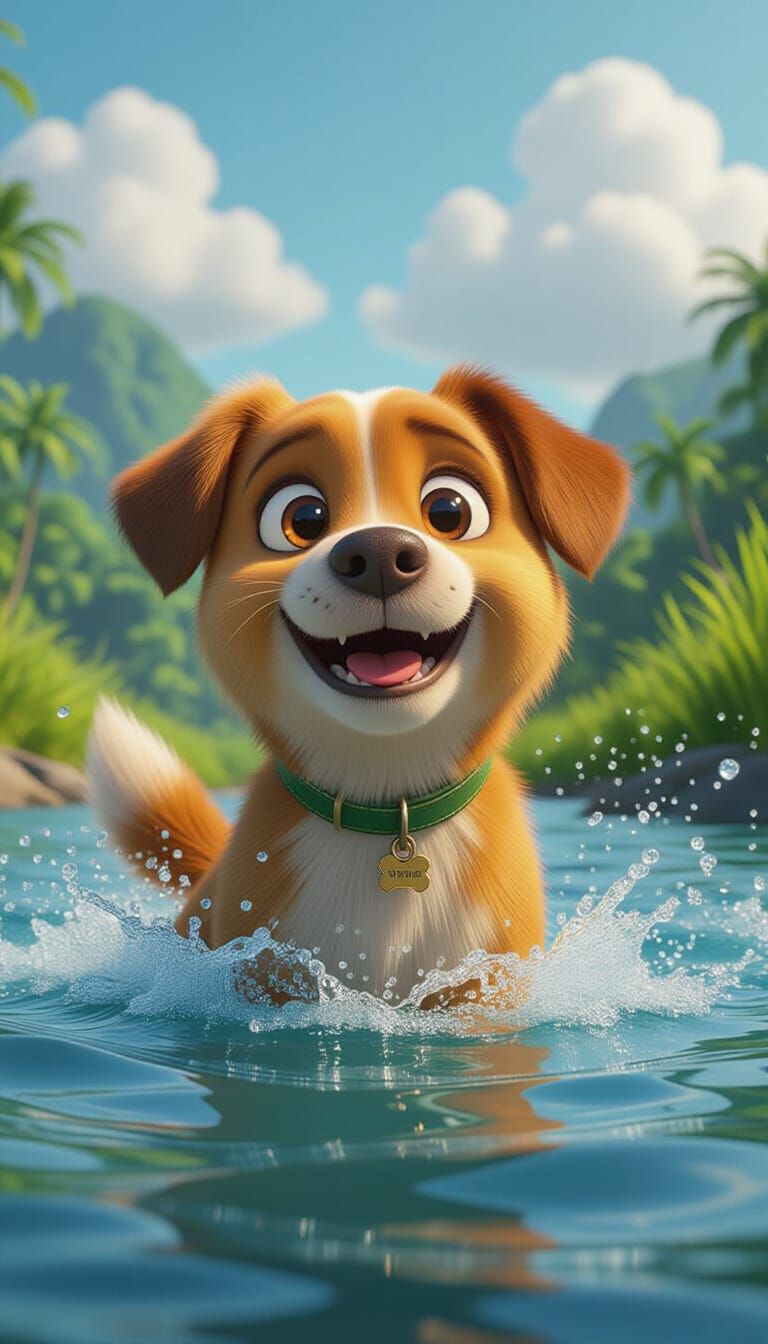 Dog Paddling in Jungle River, Pixar Cartoon Style
