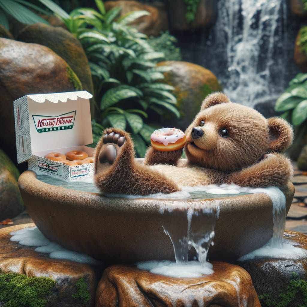 Baby Bear's Donut Break in Bird Bath