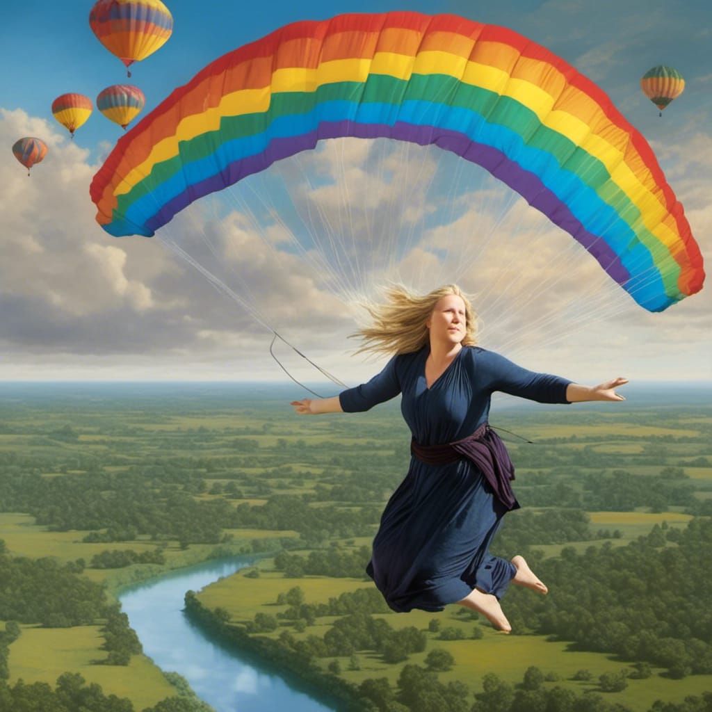 Rainbow Parachute Flight in a Sunset Sky