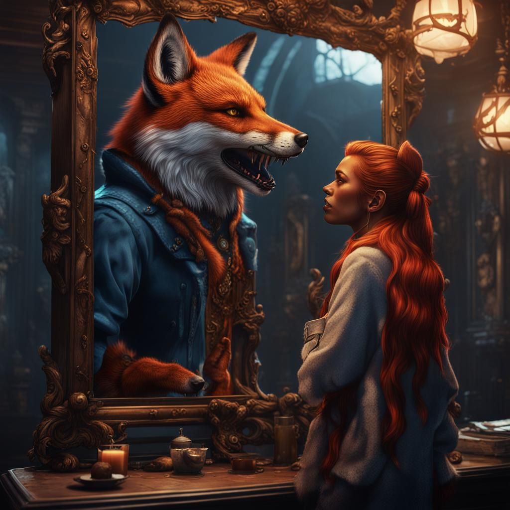 Werewolf and Fox Girl in Mirror, Detailed Painting