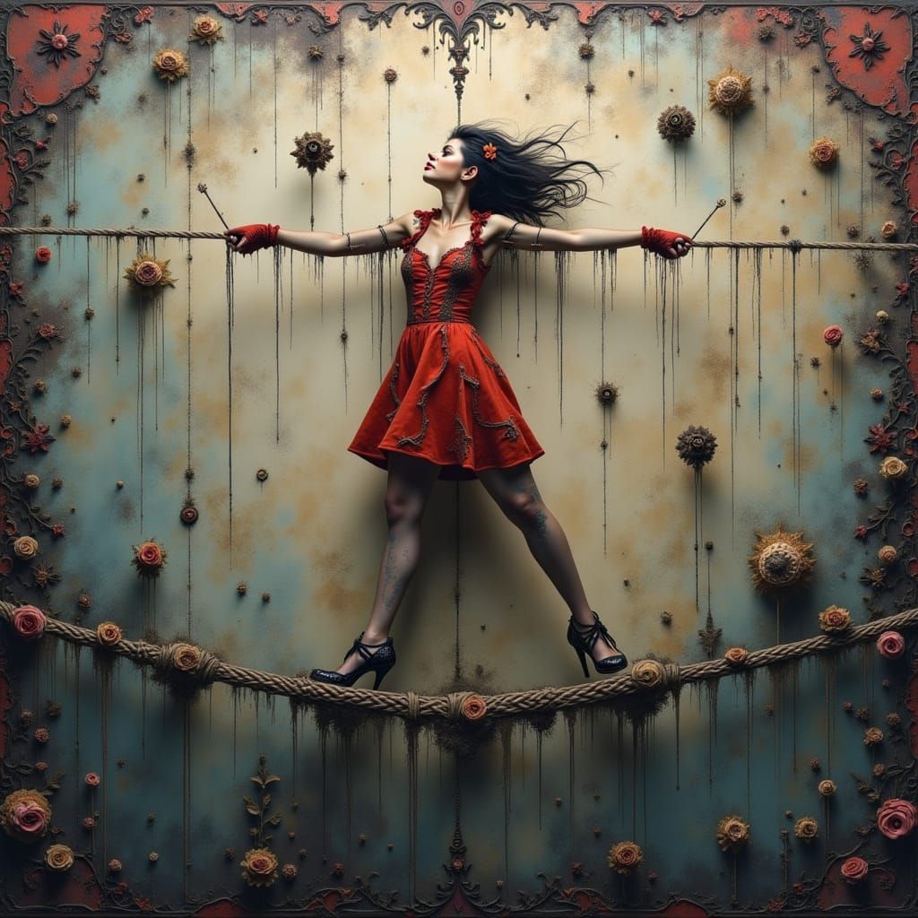 Grunge Circus Performer on Tightrope with Circuitry