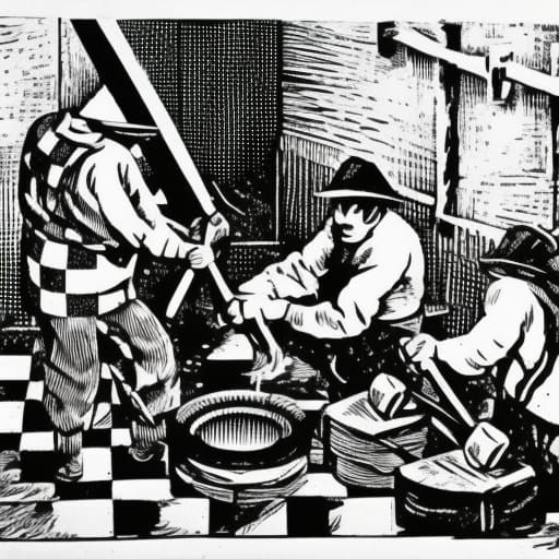 Checkered Workers Forging Wheel in Black and White