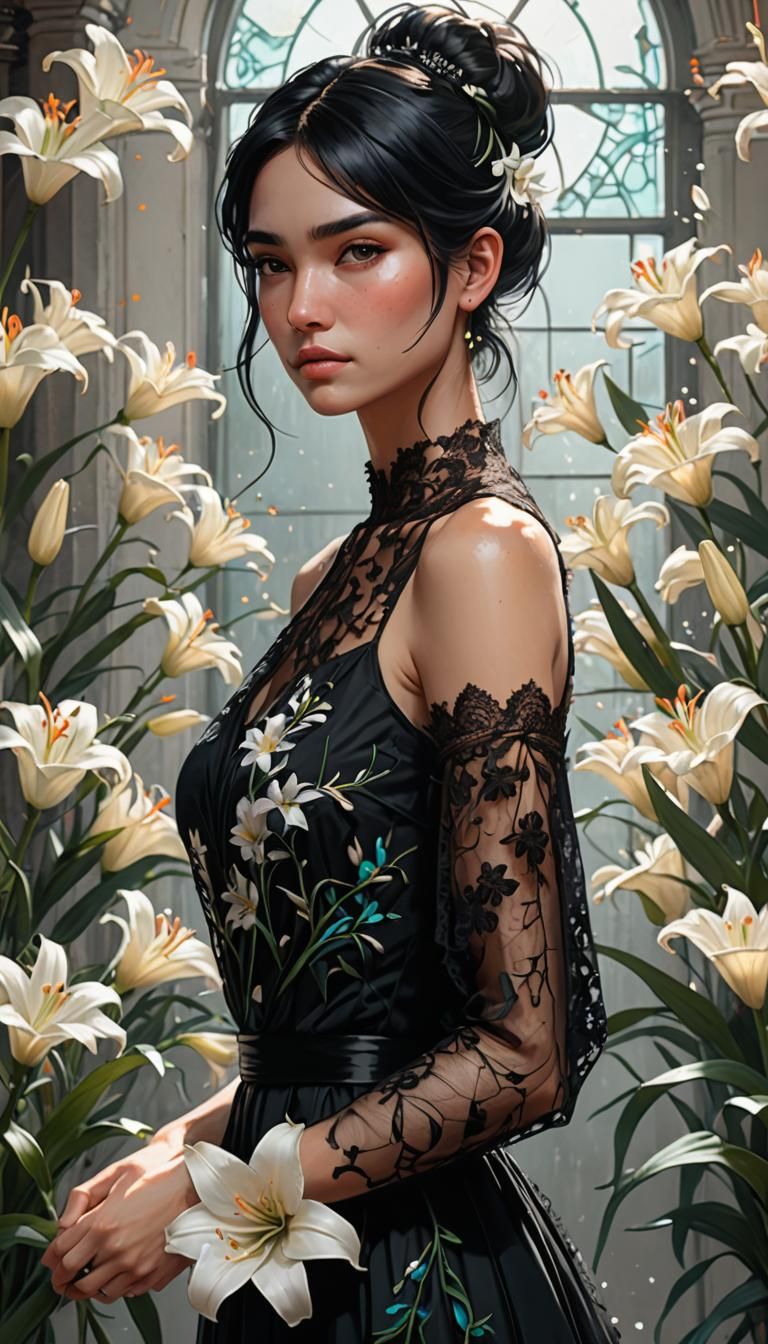 Woman with Lilies: Hyperdetailed Concept Art
