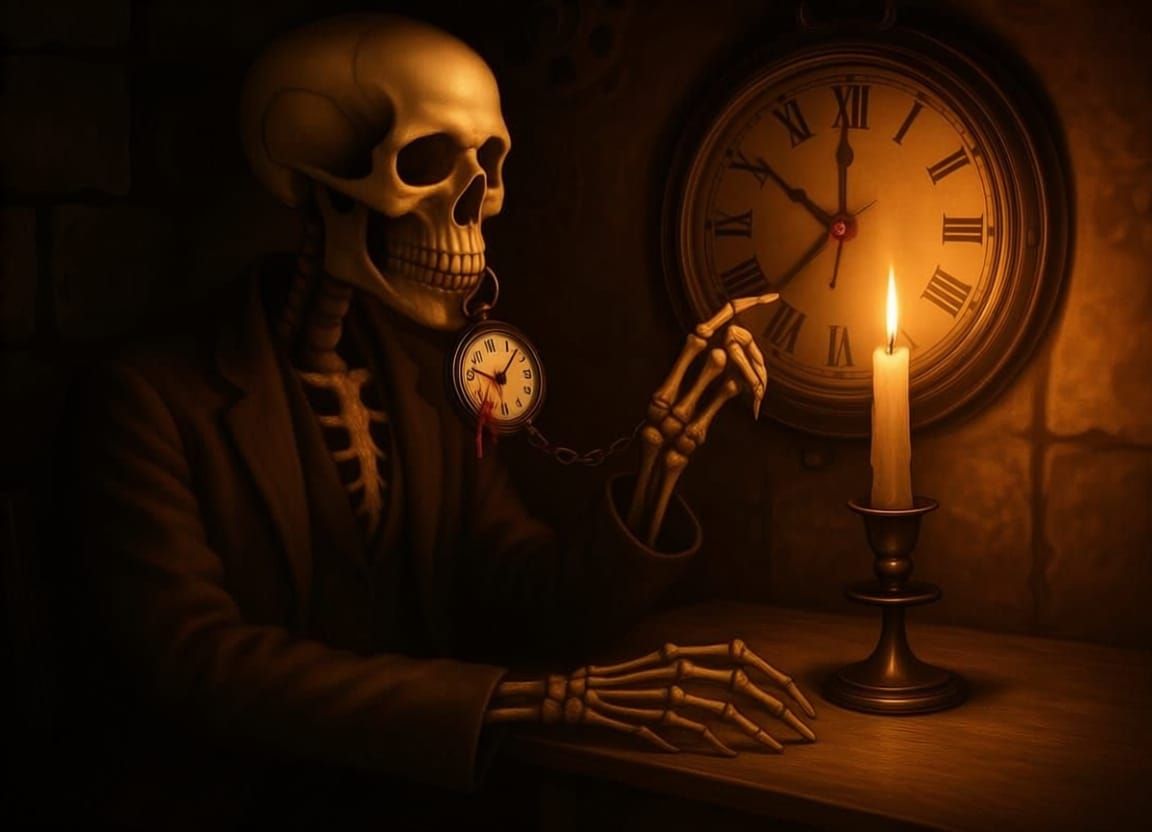 Steampunk Skeleton Adjusts Clock in Dark Stone Room
